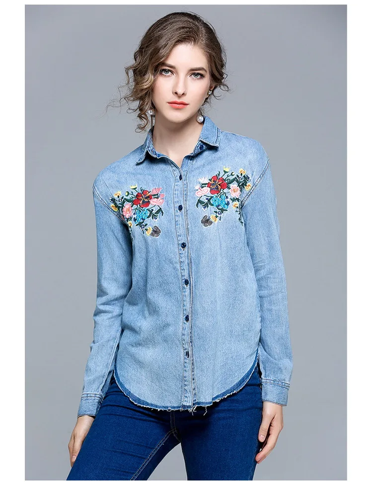 Плюс Размеры джинсовая рубашка Для женщин 2018 новые весенние Винтаж цветок