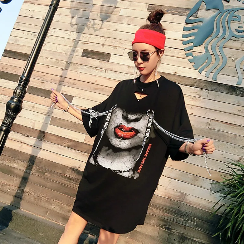 Vefadisa Chain Decoration Shirt for Women 2018 Casual Tops Character Print Summer T Short Sleeve Plus Size AD1903 | Женская одежда