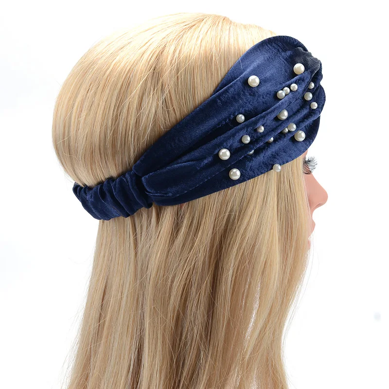 2018 Women's Hair Accessories Wide Pearl Headbands Fashion Cross Knotted Turban Knit Spa Headband Ladies Elastic Wrap Hairband |