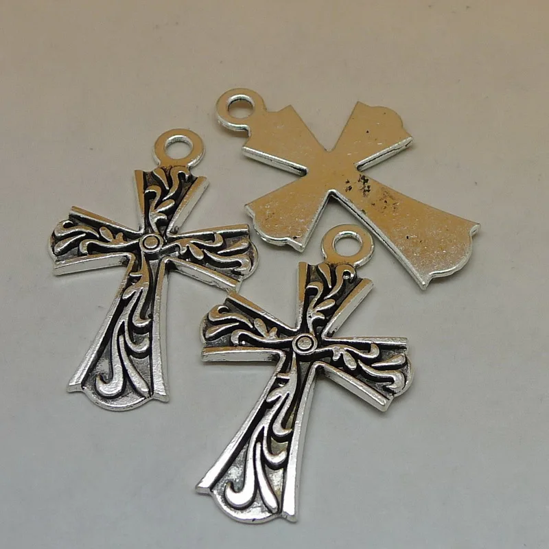 

nevstop 50pcs/lot Vintage Silver Cross Charms 25x38mm Ancient Pattern Religion Necklace Pendant Accessories
