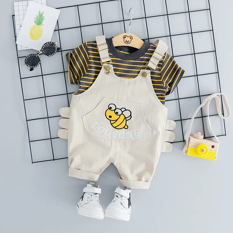 2019 Summer Baby Kids boys cute short sleeve Striped print t-shirt tops+Denim cartoon bee overall jeans 2pcs Clothes Set C2155 | Детская