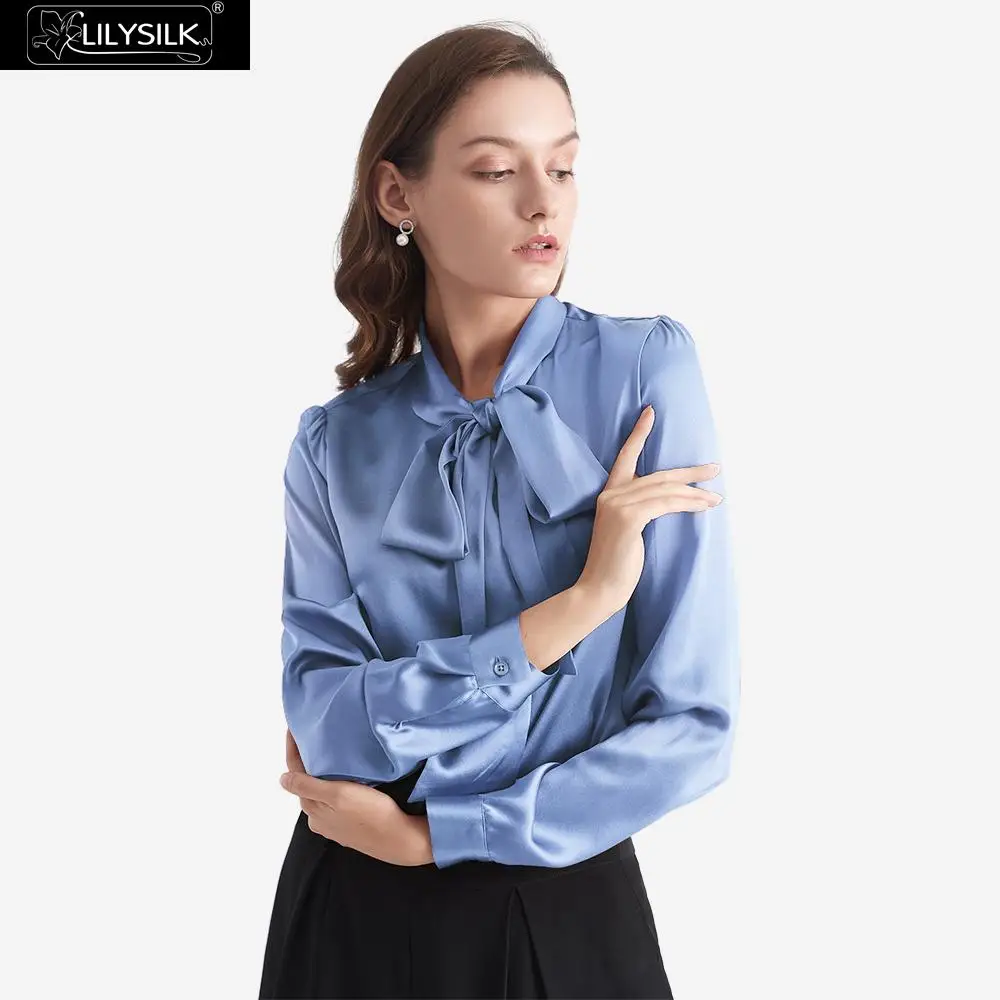 French Blue LilySilk блуза шелковая с галстуком-бабочкой на шее Женская Новинка - Цвет: French Blue
