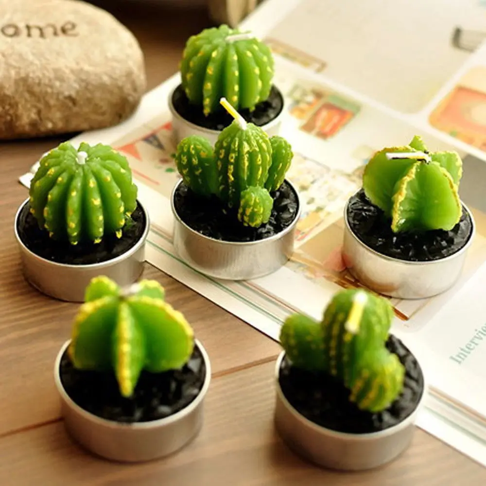6Pcs/set Decorative Tea Light Candles Non-spill Cactus Candle for Xmas Party Wedding Decoration Birthday durable | Дом и сад