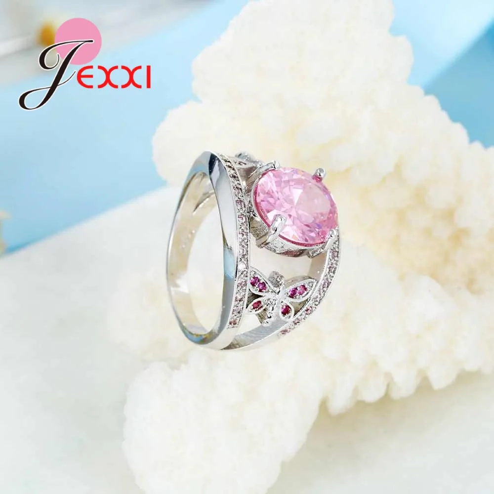 

Romantic Pink Cubic Zirconia with Double Butterfly Hollow Finger Rings for Women 925 Sterling Silver Wedding Jewelry