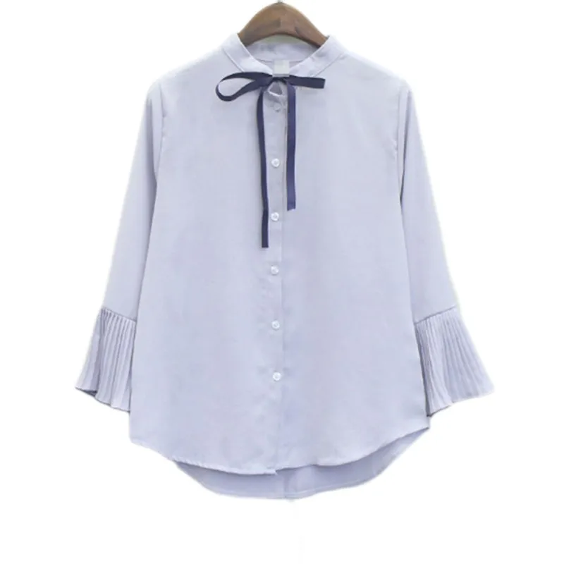 US Warehouse Blouse Women Korean Stand Collar Chiffon solid Shirts Spring Bow Tie Flare Sleeve Elegant Shirt Blue Pink Blusas | Женская