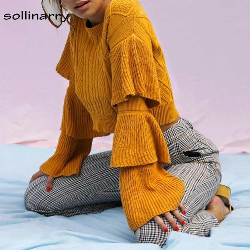 Sollinarry Fashion 2018 Harajuku Long Sleeve Ruffle Crop Sweater Women Winter Tops Streetwear Knit Pullover Jumper | Женская одежда