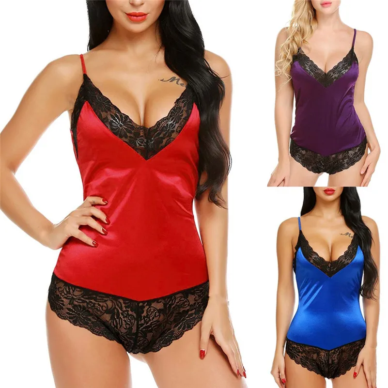 Women Satin Lingerie Bodysuit V-Neck Lace Babydoll Short Mulher De Pijama Mujer Nocturn D4 | Женская одежда