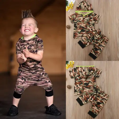 New Kids Boy Camo Clothes Set Summer Baby Girl Hooded Short Sleeve Long Harem Pant Children Fashion 2Pcs Outfits |