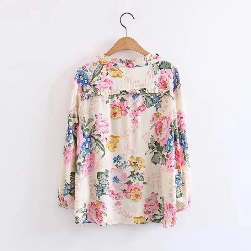 Boho блузка 2017 Новинка Осень кремовый цвет вискоза и хлопок цветочный принт блузки