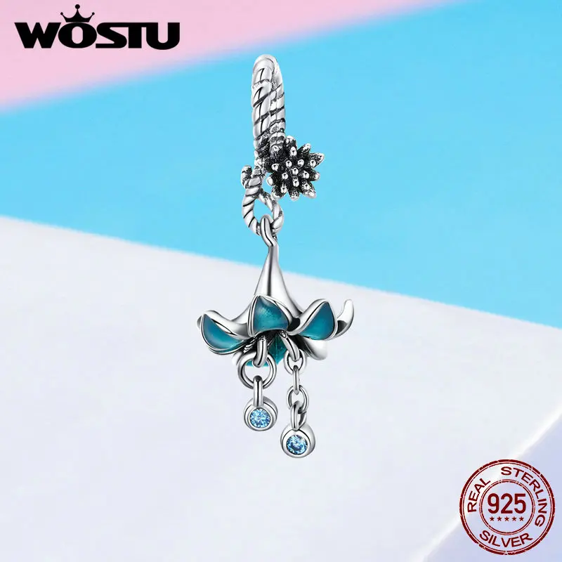 WOSTU роскошный 925 пробы Серебряный Синий Цветок Орхидея циркон бусины подходит браслет кулон для женщин серебро 925 ювелирных изделий FNC034