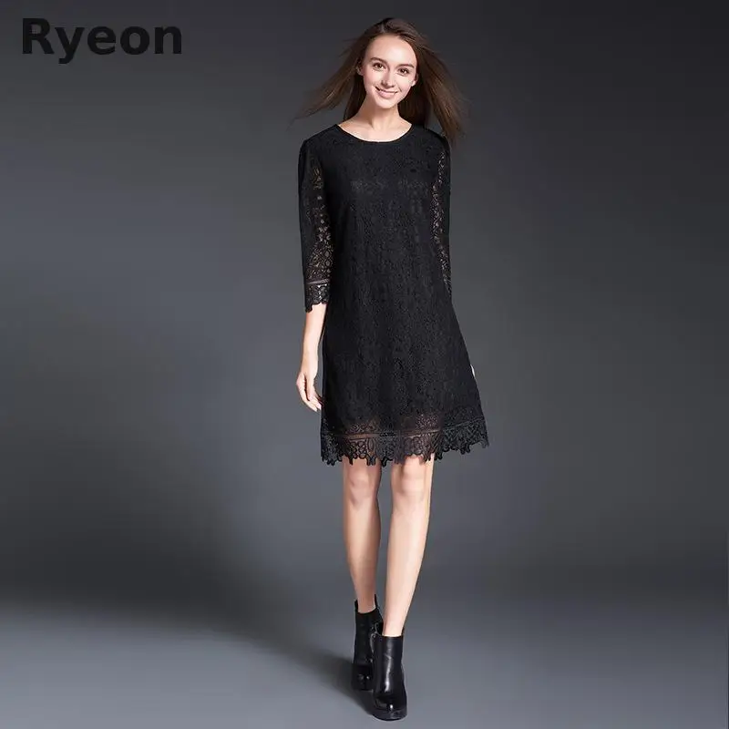 Ryeon Vintage Black Lace Dress A Line Solid Three Четверти Ни колен Регулярное Natural O образным Вырезом