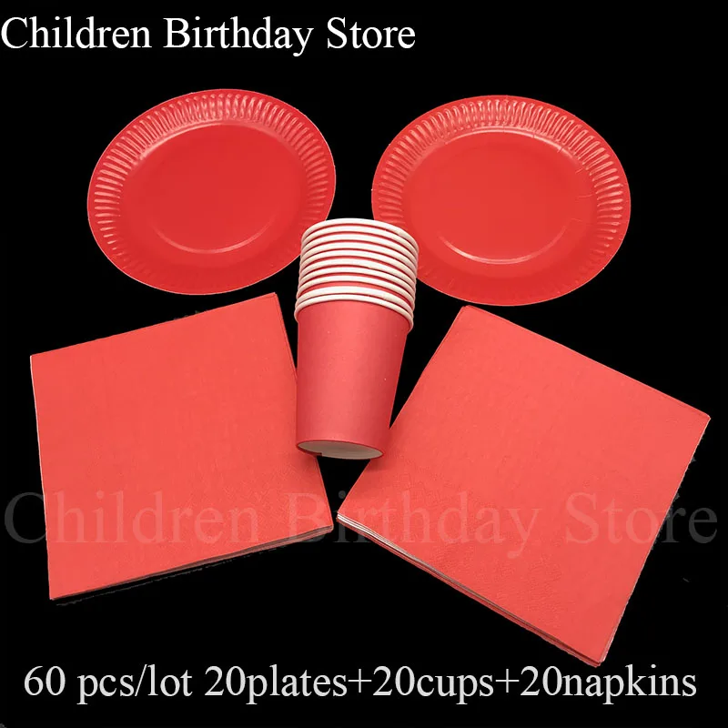 

60pcs/lot plain color disposable party tableware sets red theme plates cups napkins red theme party sets for 20 people