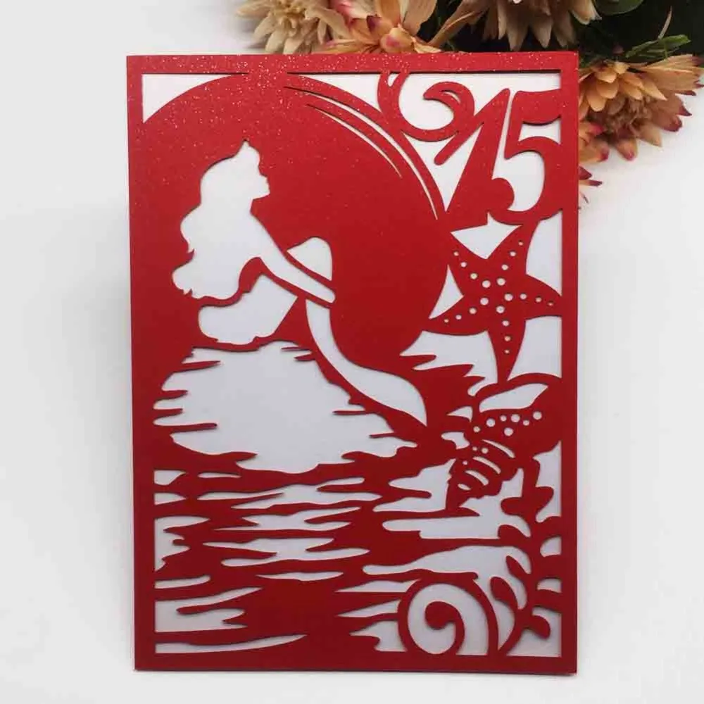 

100pcs/lot Hollow Card Of Digital Custom Little Mermaid For Blessing Wedding Invitations Engagement Age 15 Girl Adult's Ceremony