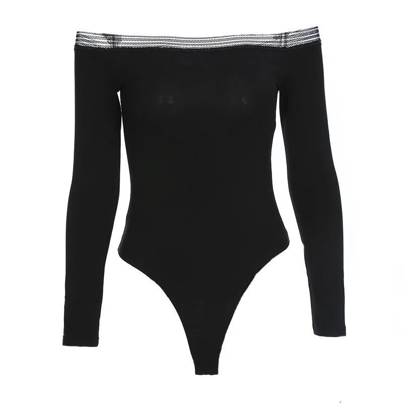 2018 autumn and winter new sexy round neck Slim thin lace stitching one shoulder long sleeve triangle jumpsuit women | Женская одежда