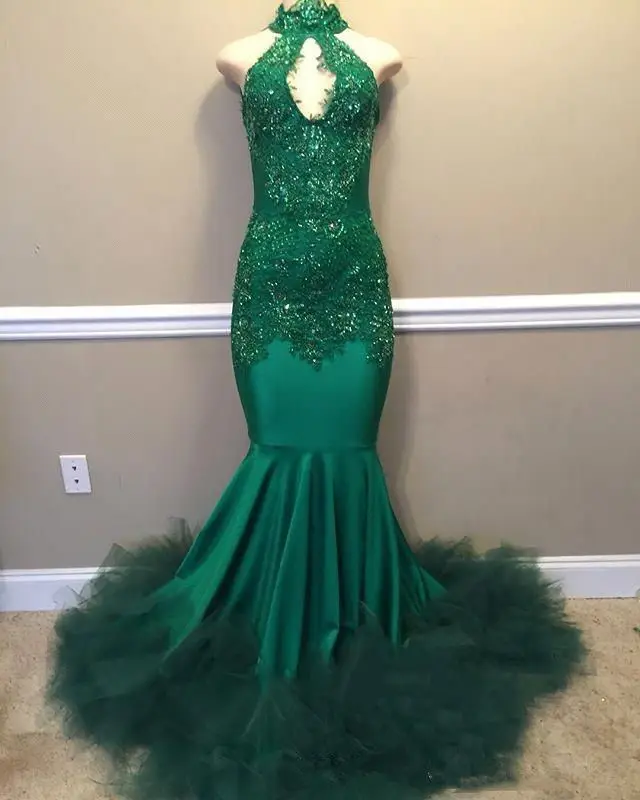 Luxury Green Prom Dresses Mermaid Keyhole Neck Lace Appliques Sleeveless Sequins High Collar Cut-out Long Formal Evening Gowns
