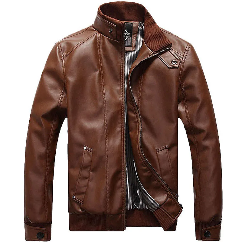 Мужская кожаная куртка бомбер с воротником стойкой|fashion leather jackets men|leather jacket menpu men |
