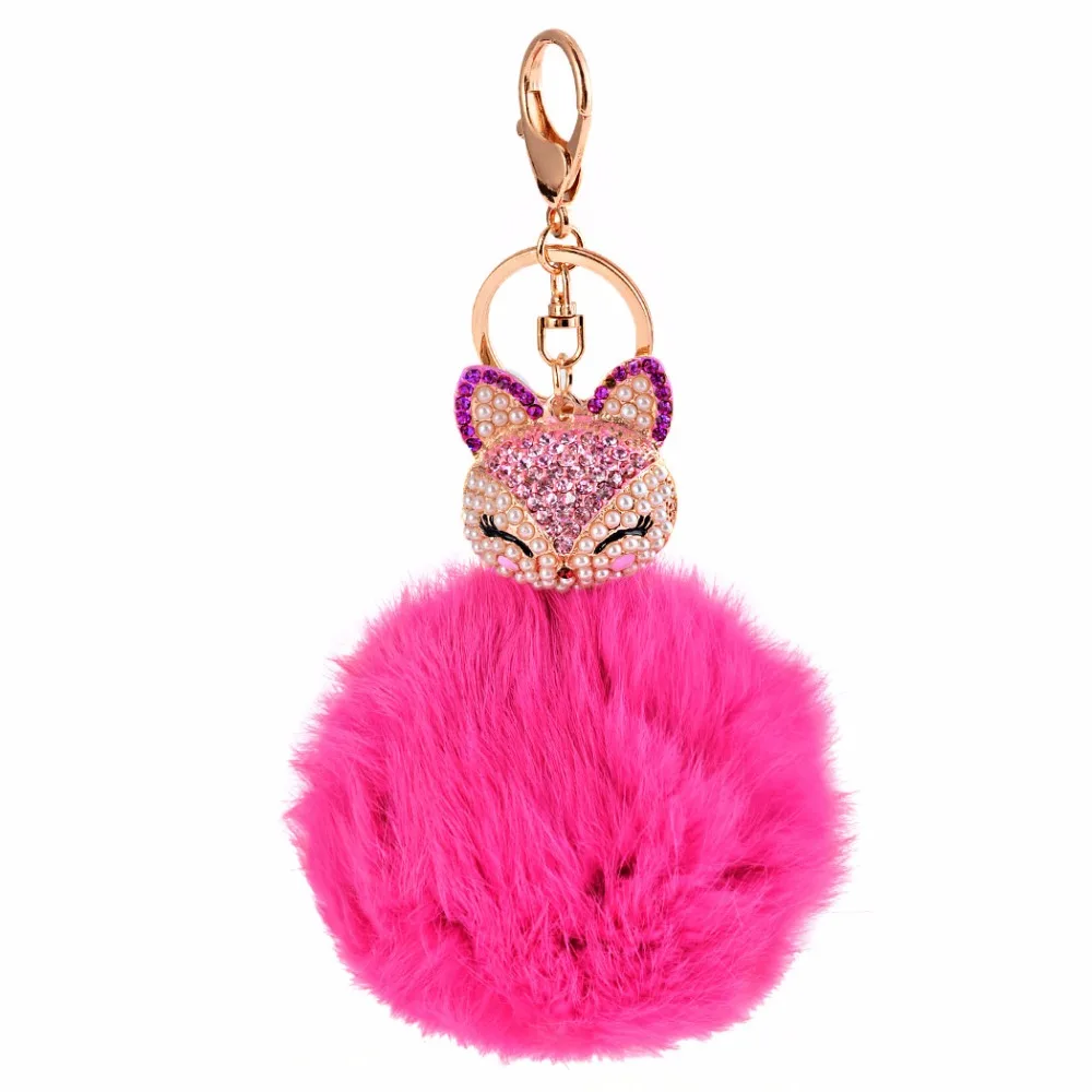 11-color rhinestone fox head 8cm rabbit fur ball keychain cartoon women bag car key pendant charm Crystal ring | Украшения и
