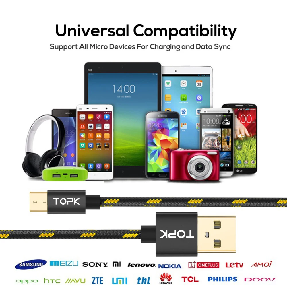 TOPK Micro USB Cable Nylon Braided Data Sync Cord For Samsung Xiaomi Huawei 1M 2M Mobile Phone Cables | Мобильные телефоны и