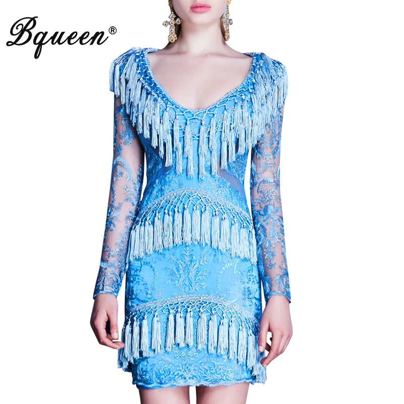 Bqueen 2017 новое женское синее платье с v образным вырезом и длинным рукавом богемное