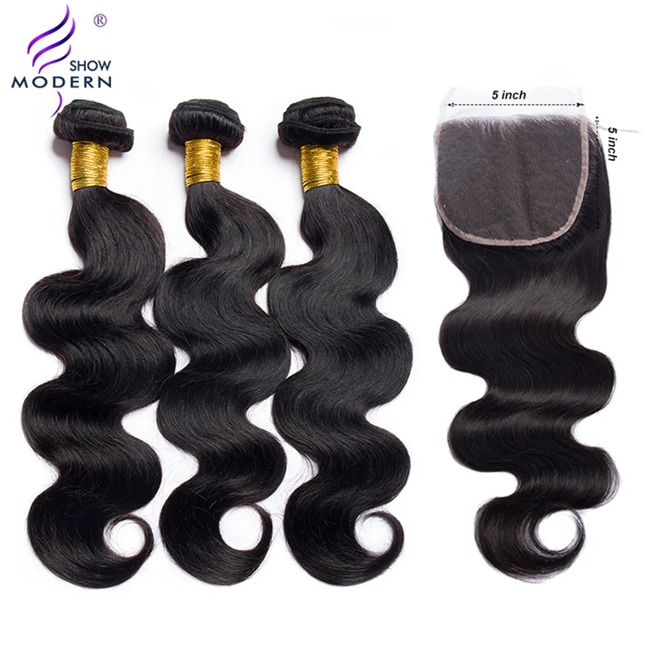 Современное шоу Малайзия объемная волна 3 пучка с 5x5 кружева закрытие часть не Реми волосы ткет пучки с кружевом Закрытие 5x5 дюймов