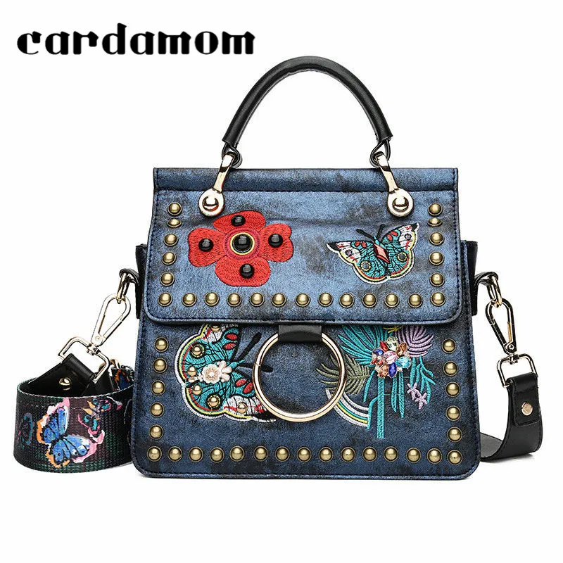 Women Embroidery Messenger Floral Vintage Bag Ladies Rivets Crossbody For Fashion Small Handbags Shoulder Strap | Багаж и сумки