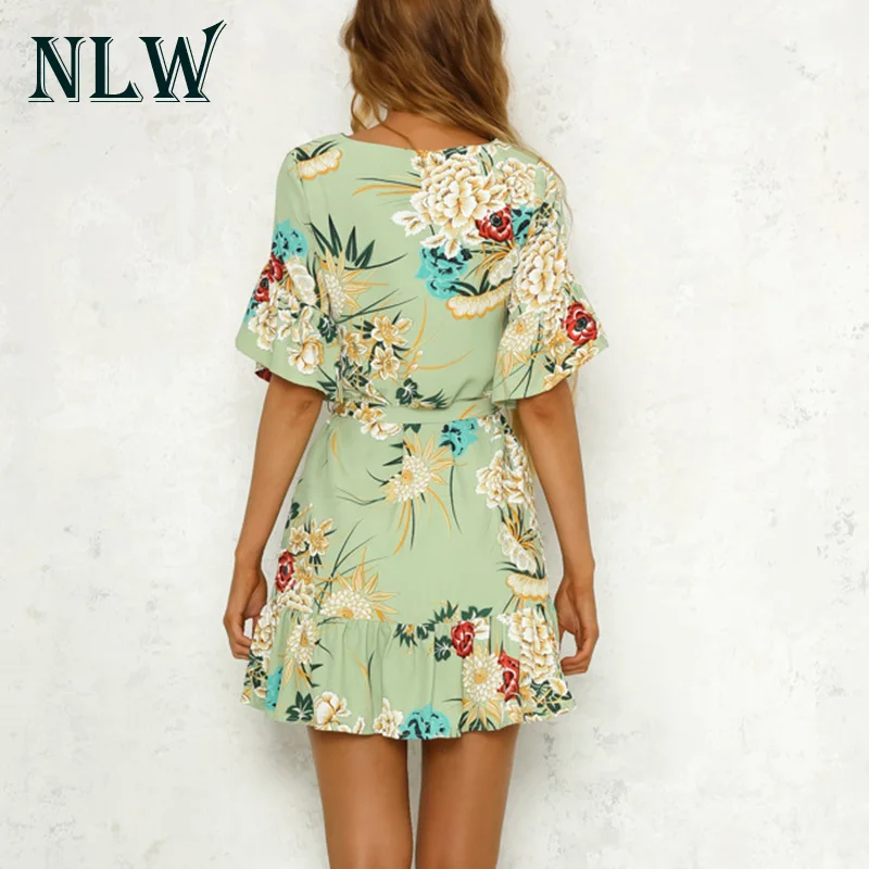 Nlw Цветочный принт Для женщин короткий рукав шифон Мини платья Vestidos 2018 Летняя