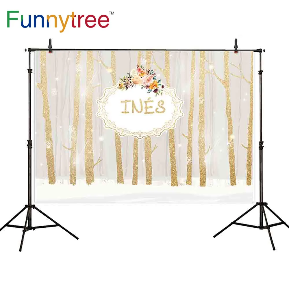 

Фон Funnytree для фотосъемки белые Золотые деревья ствол лес цветы снег рамка для новорожденных зимний фон для фотосъемки обои для камеры