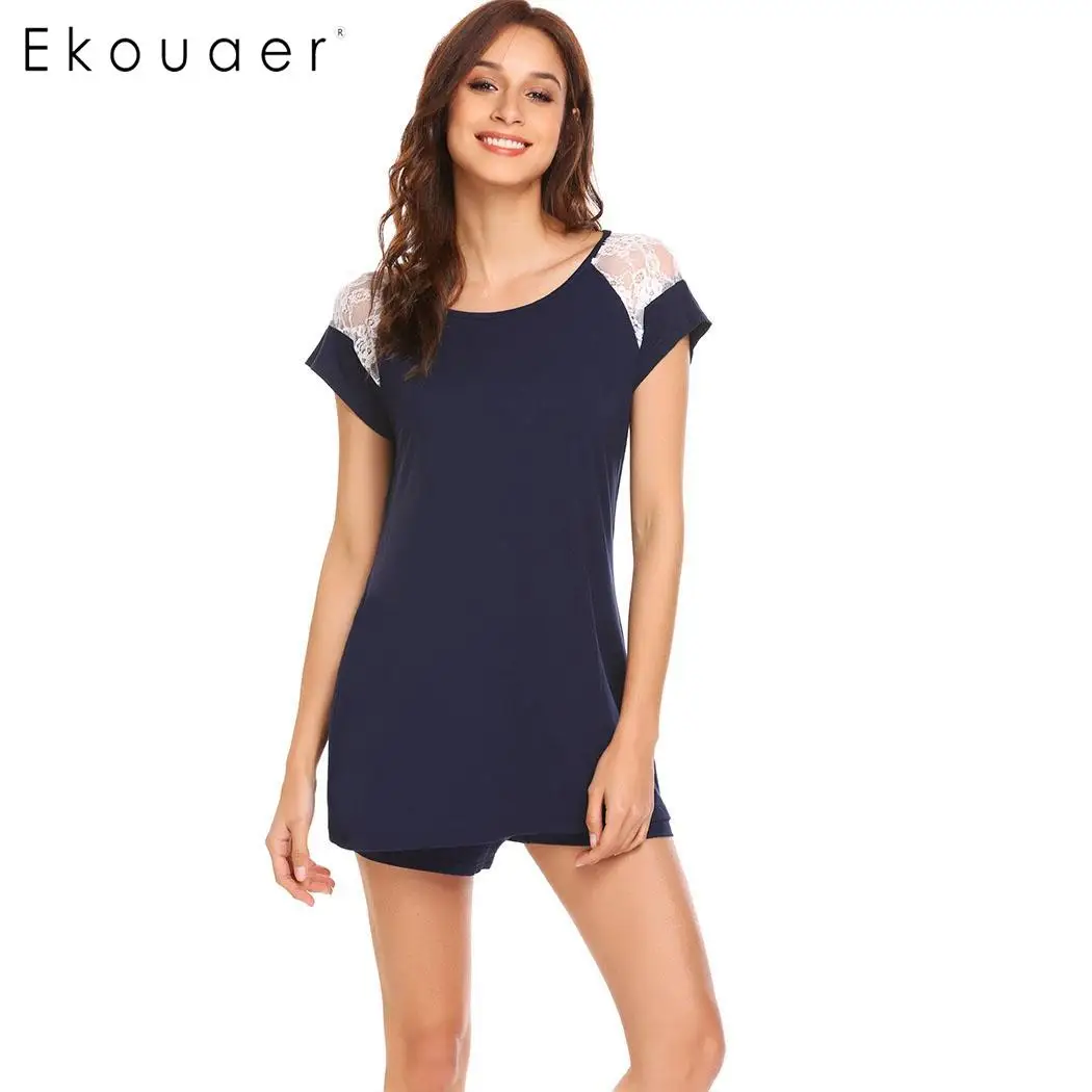 Ekouaer, женские шорты, пижамный комплект, одежда для сна с круглым вырезом и коротким рукавом, кружевная Лоскутная футболка и шорты пижамные наборы, ночная одежда для отдыха - Цвет: navy blue