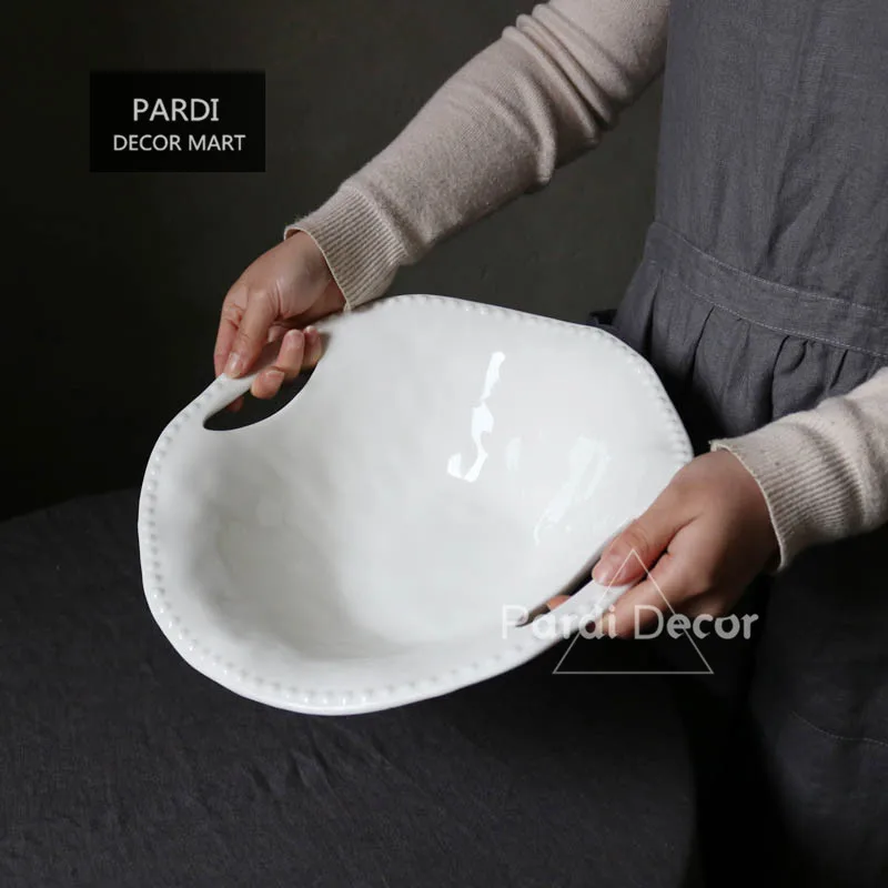 Simple Design White Pearl Edge Hand Made Irregular Oval Fish Dish/Large Dish/Salad Bowl Tea Table Decorations
