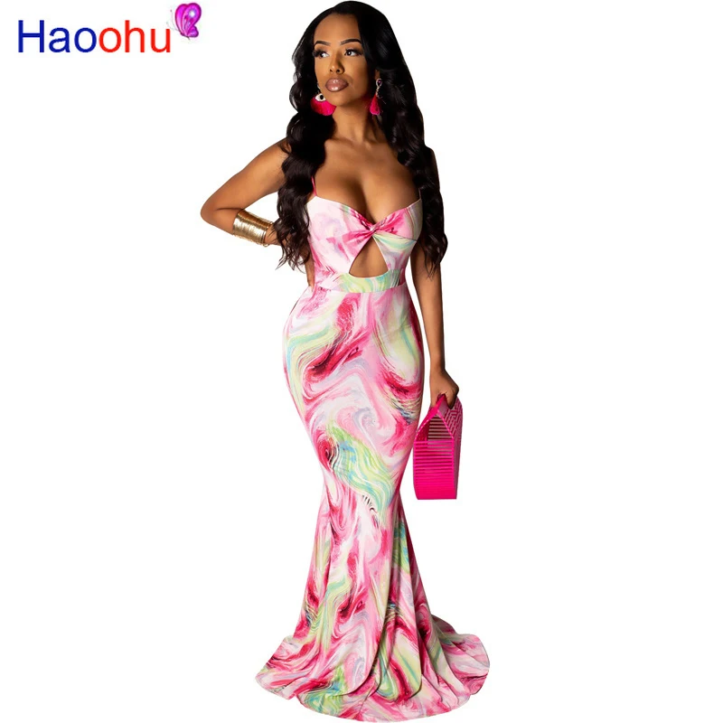 

Colorful Tie Dye Summer Mermaid Maxi Dress Women Spaghetti Strap Backless Beach Sundress Sexy Deep V Neck Hollow Out Party Dress