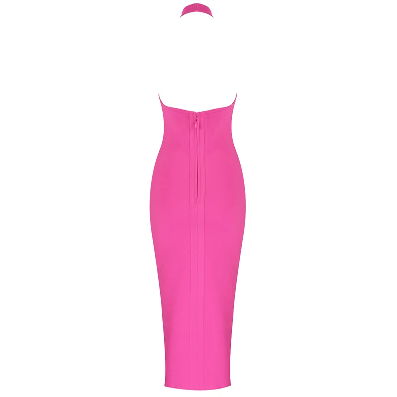 

Free Shipping Sexy V Neck Backless Halter Hot Pink Bandage Dress 2019 Designer Fashion Party Dress Vestido