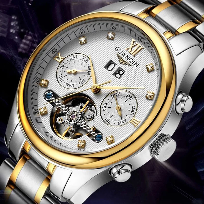 GUANQIN Лидирующий бренд мужские часы Tourbillion Мужские автоматические механические водонепроницаемые Роскошные