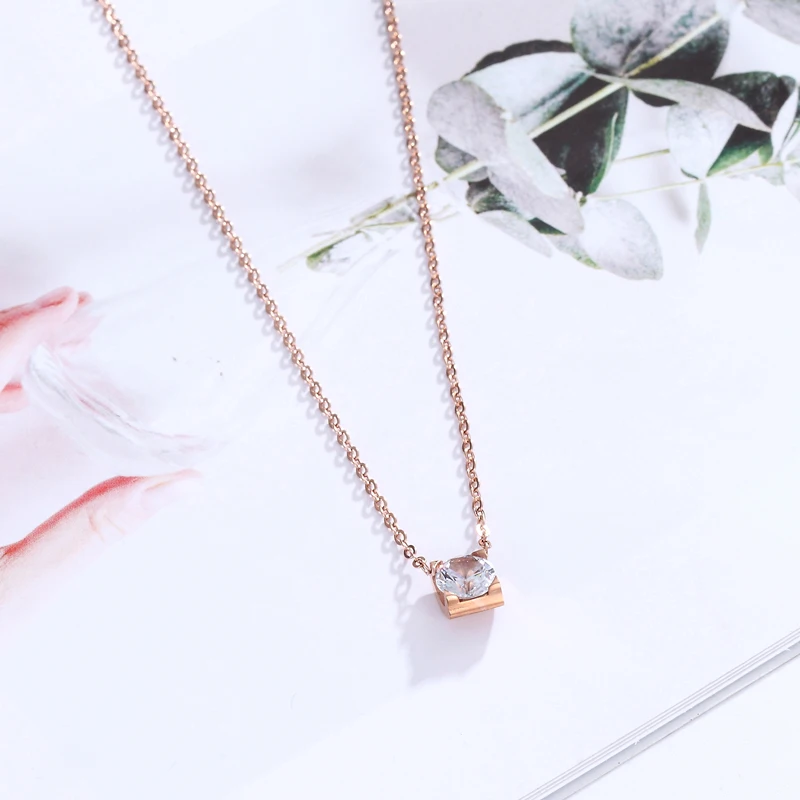 Beautiful Titanium Steel Rose Gold Square Inlay Shiny Crystal Pendant Necklace Love Jewelry Gift Woman Wholesale | Украшения и