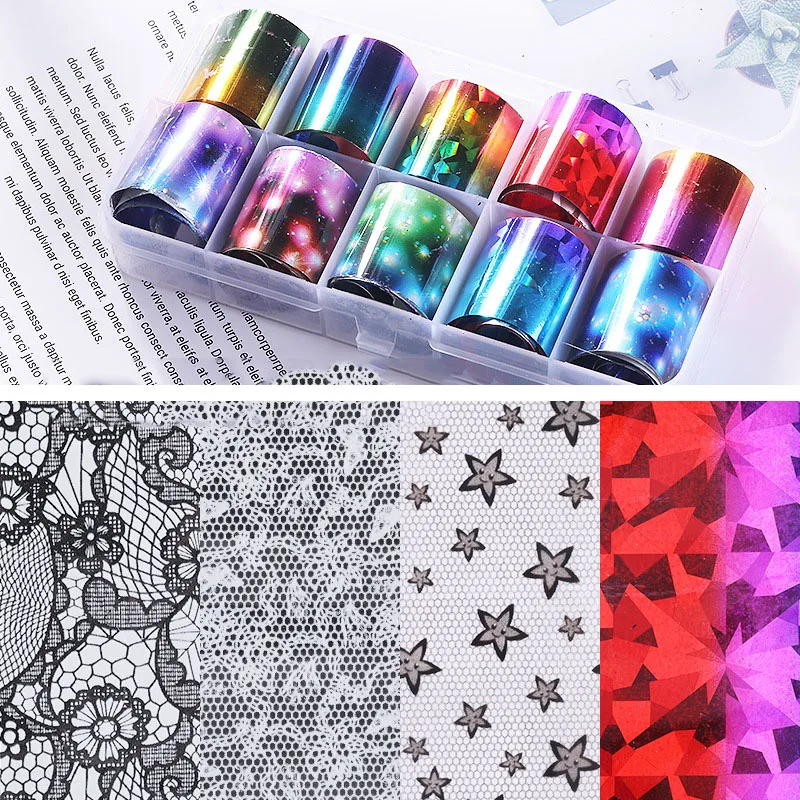 10roll/set Starry Sky Laser Nail Foil Set Transparent Marble Holographic Art Transfer Sticker Decoration DIY | Красота и здоровье