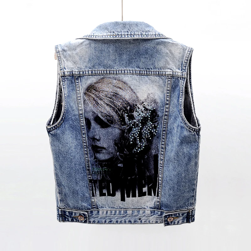 Женский джинсовый жилет без рукавов короткий с принтом бриллиантов Повседневный