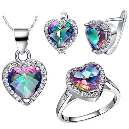 Luxury Jewelry Sets Crystal suit Girls New 925 Heart of Ocean Pendant Ring Earrings Necklace Set | Украшения и аксессуары