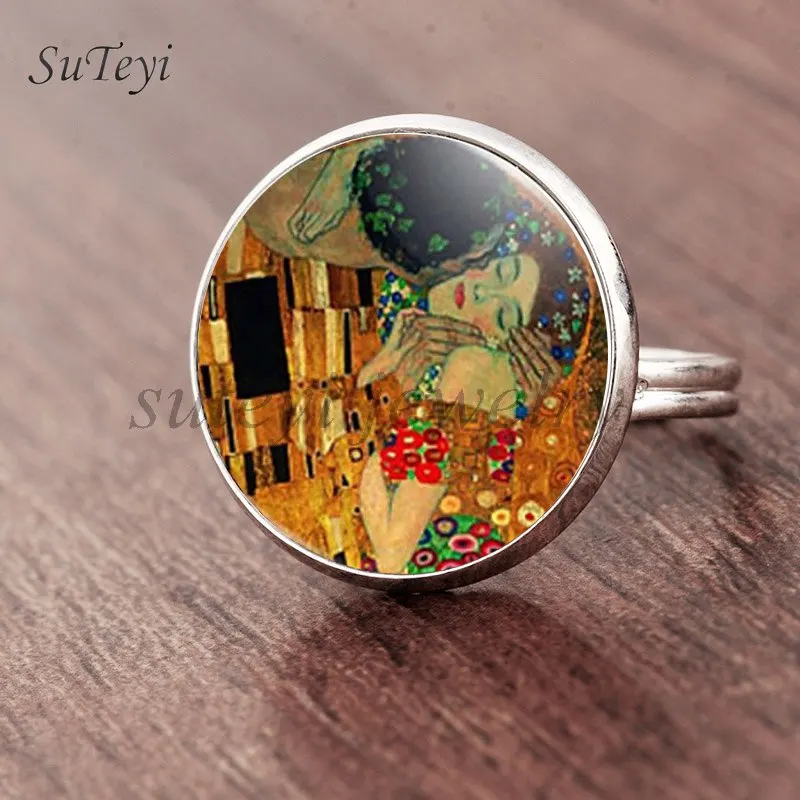 silver Suteyi, модные Камея Kiss Klimt из стекла, художественное кольцо для фото, ювелирные изделия ручной работы, регулируемый размер, кольца, подарки для девочек - Цвет основного камня: silver