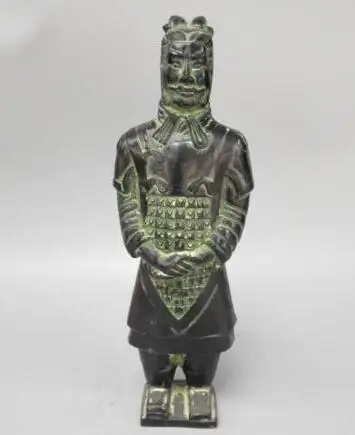 Китайская коллекция латунные Резные Qin Terra-Cotta воины и лошади статуя солдата