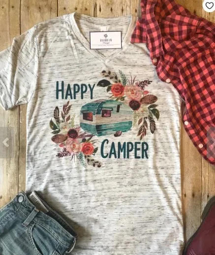 Женская футболка с принтом HAPPY CAMPER модная серая хипстерская v образным вырезом и