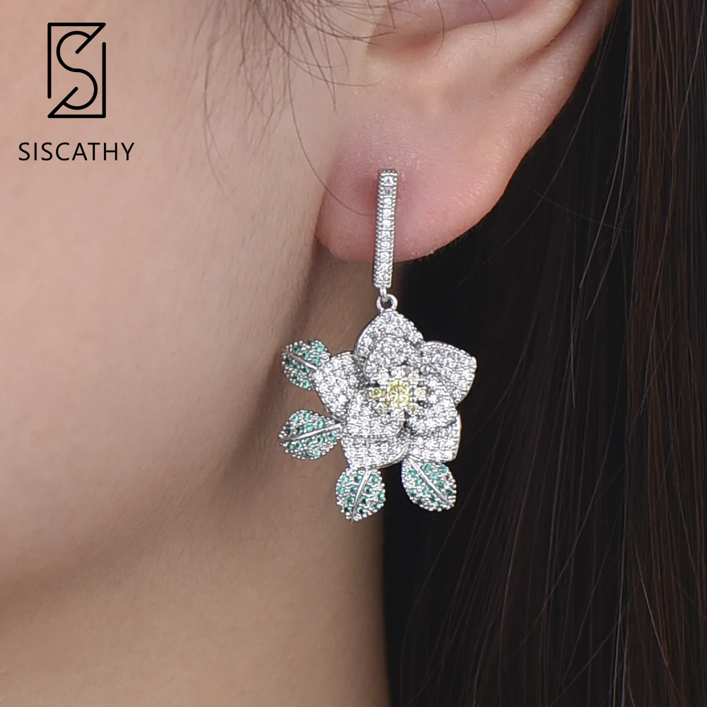 

SISCATHY 2019 New Luxury Blossom Flower Earrings Full Cubic Zirconia Pendant Drop Dangle Earrings For Women boucle d'oreille