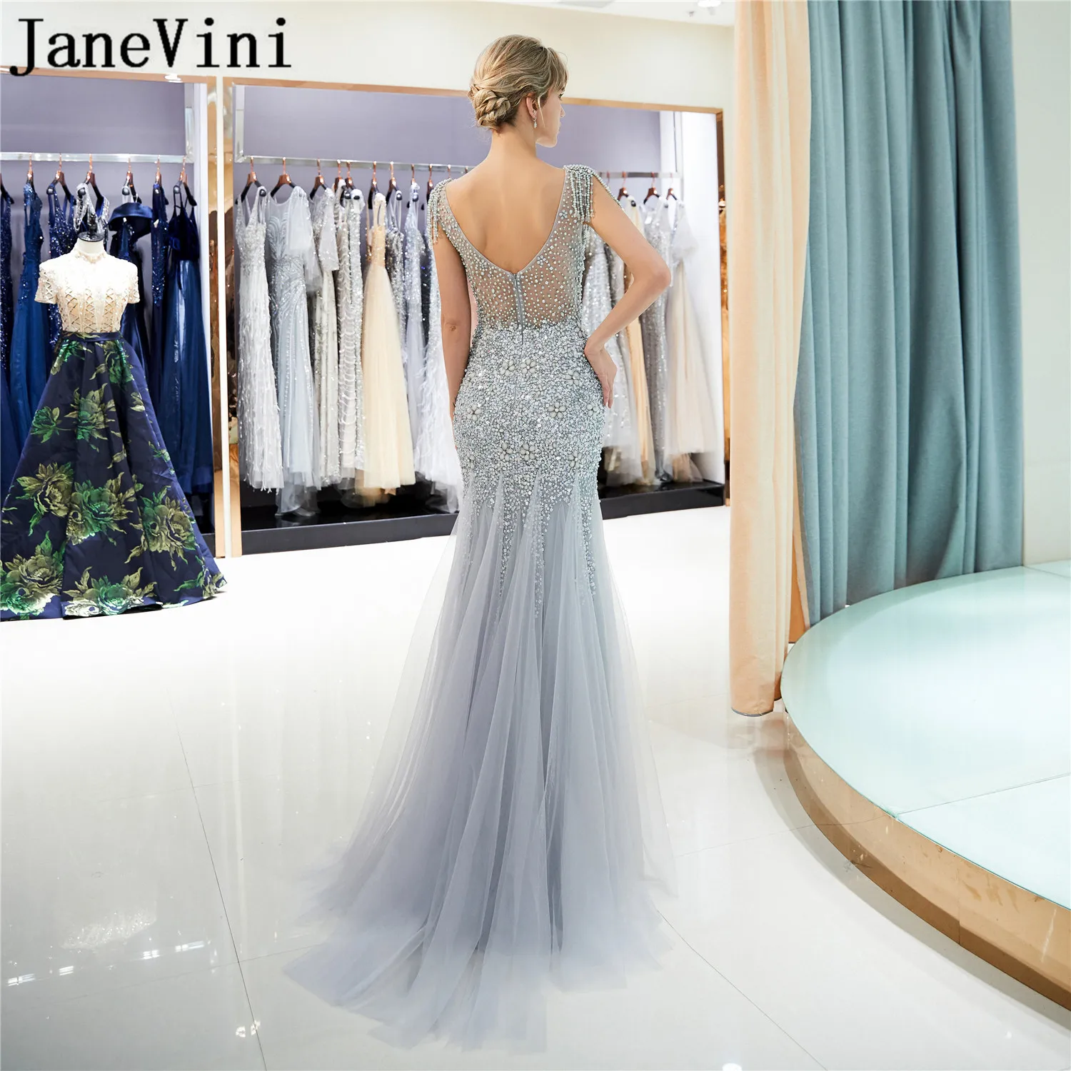 JaneVini jurk lang Gray Mermaid Prom Dresses 2019 Sparkly Crystal Beaded Long Gala Dresses with Jewelry Tulle Evening Party Gown