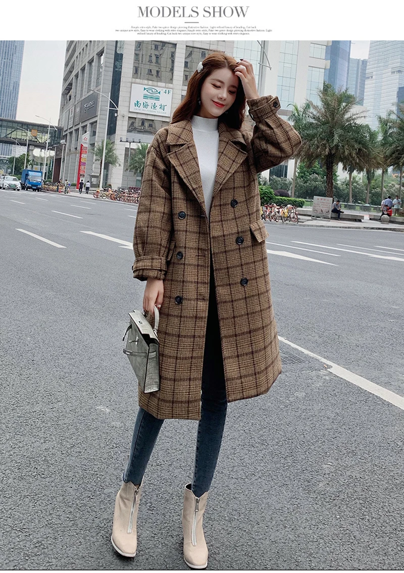 Zoki Loose Plaid Women Long Wool Blend Coat Fashion Winter Warm Jacket Elegant Double Breasted Autumn Fleece Outwear Plus Size
