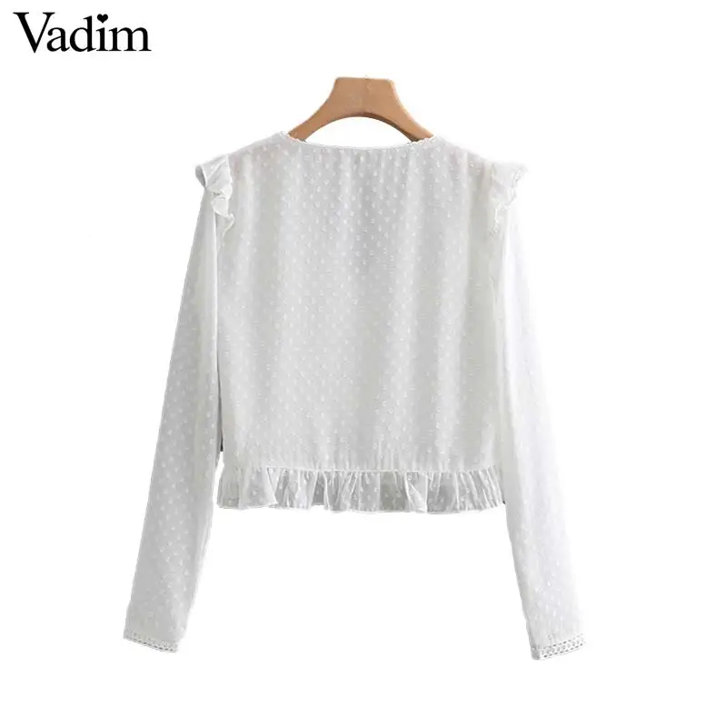 Vadim Женская белая черная короткая стильная блузка с длинным рукавом v-образным