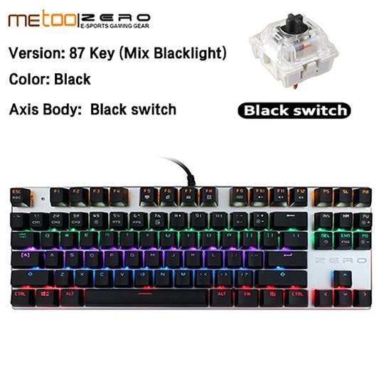 87Black Black Switch Игровая клавиатура Metoo ZERO, Проводная Механическая клавиатура, синий/черный/красный светодиодный переключатель с подсветкой, без коллизий, N key rolllover 87 104 клавиш - Цвет: 87Black Black Switch