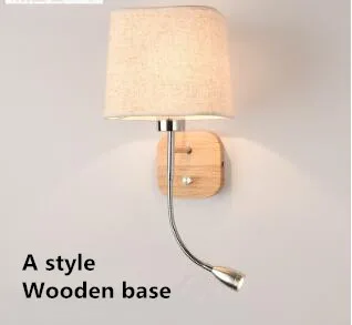 A wooden base Светодиодный настенный светильник для гостиной, прикроватный настенный светильник с тканевым абажуром E27, светильник для чтения на кровать, домашнее освещение - Цвет абажура: A wooden base