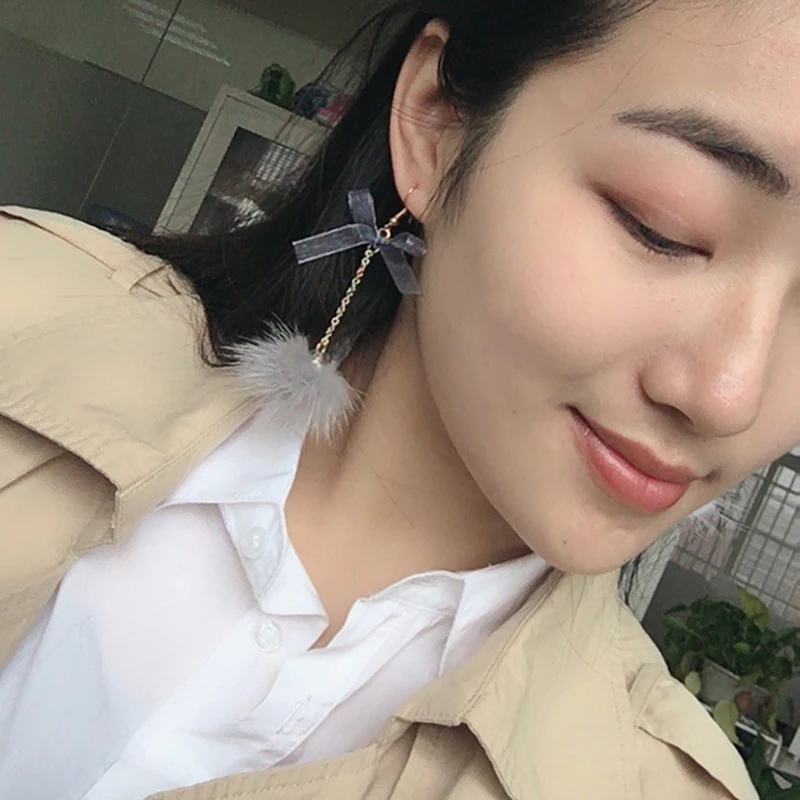 Korean Style Soft Fur Ball PomPom Cute Bowknot Drop Earrings For Women New Year Winter Party Jewelry Brincos Gifts | Украшения и