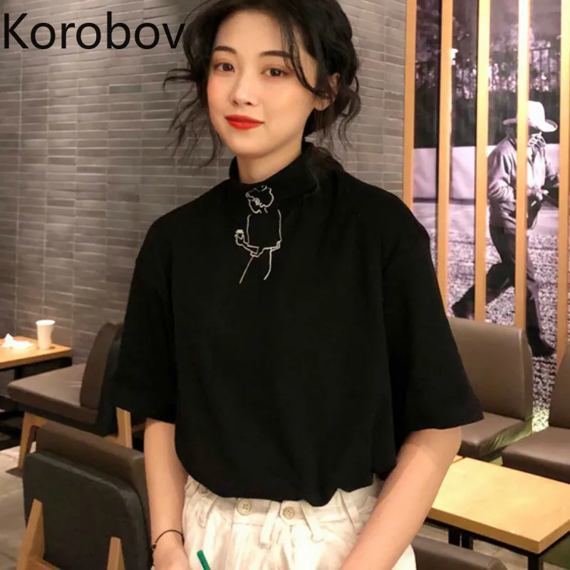 Korobov Harajuku/футболка с вышитым рисунком, Новое поступление, белые футболки с коротким рукавом, летняя футболка с воротником-стойкой, 77317
