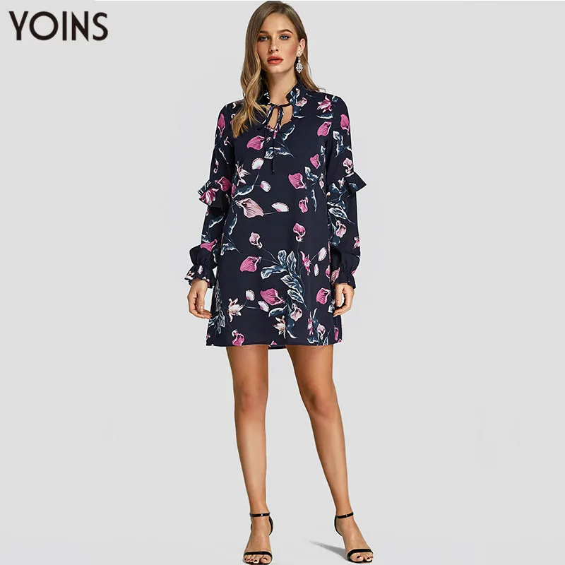 NEW 2020 YOINS Summer Autumn Women Dress Sexy Long Sleeve Lace-up Floral Print Mini Dresses Vintage Vestidos Streetwear | Женская одежда