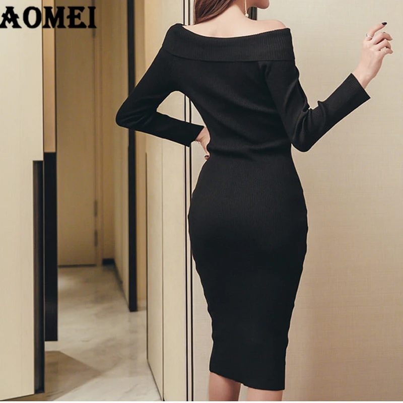 Slimming Sweater Dress Above Knee Knit Off Shoulder Elegant Korean Fall Bodycon Knitted Pullover Women Package Hip Robes Jumper | Женская