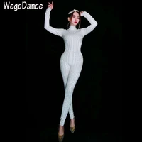 new sexy full rhinestone white pearls women jumpsuit stage dance wear singer stretch costume evening clothing